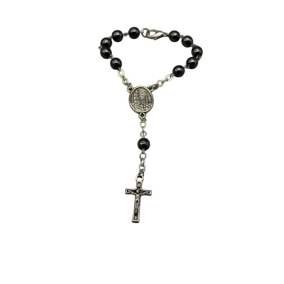 VTG Black Beads Our Lady of Fatima Rosary Chain Bangle Bracelet Silver Tone - Picture 2 of 6